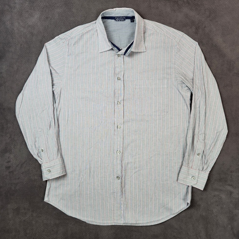 Zegna Sport Dress‎ Shirt Mens Large Gray Striped Long Sleeve Button Up Stretch